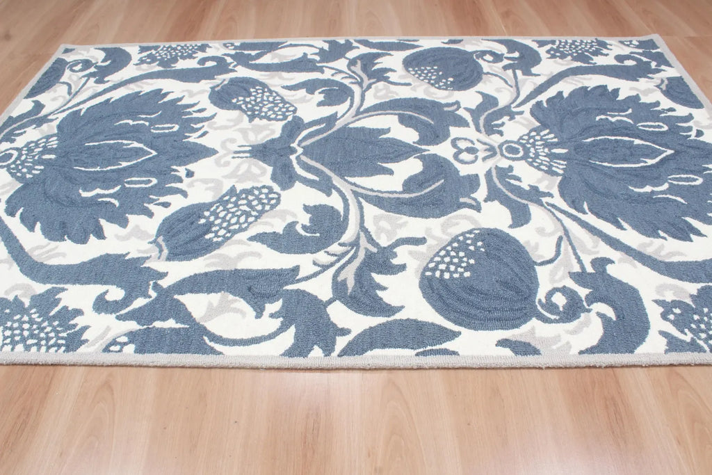 Blue Hand Tufted Wool Area Rug – Modern Botanical Floral Design in Indigo Blue and Ivory, Custom Size High Traffic Living Room Rug