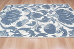 Blue Hand Tufted Wool Area Rug – Modern Botanical Floral Design in Indigo Blue and Ivory, Custom Size High Traffic Living Room Rug