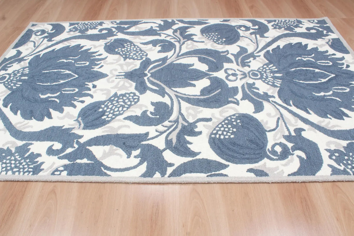 Blue Hand Tufted Wool Area Rug – Modern Botanical Floral Design in Indigo Blue and Ivory, Custom Size High Traffic Living Room Rug