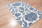 Blue Hand Tufted Wool Area Rug – Modern Botanical Floral Design in Indigo Blue and Ivory, Custom Size High Traffic Living Room Rug