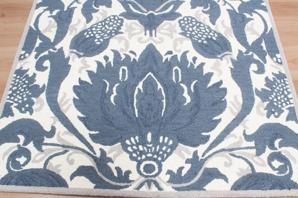 Blue Hand Tufted Wool Area Rug – Modern Botanical Floral Design in Indigo Blue and Ivory, Custom Size High Traffic Living Room Rug