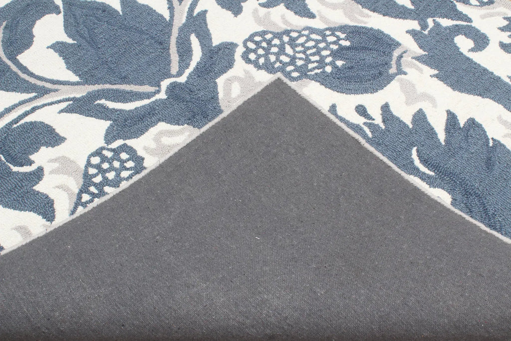 Blue Hand Tufted Wool Area Rug – Modern Botanical Floral Design in Indigo Blue and Ivory, Custom Size High Traffic Living Room Rug