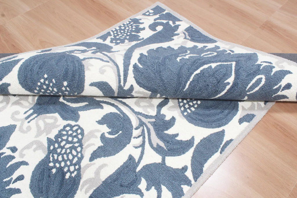 Blue Hand Tufted Wool Area Rug – Modern Botanical Floral Design in Indigo Blue and Ivory, Custom Size High Traffic Living Room Rug