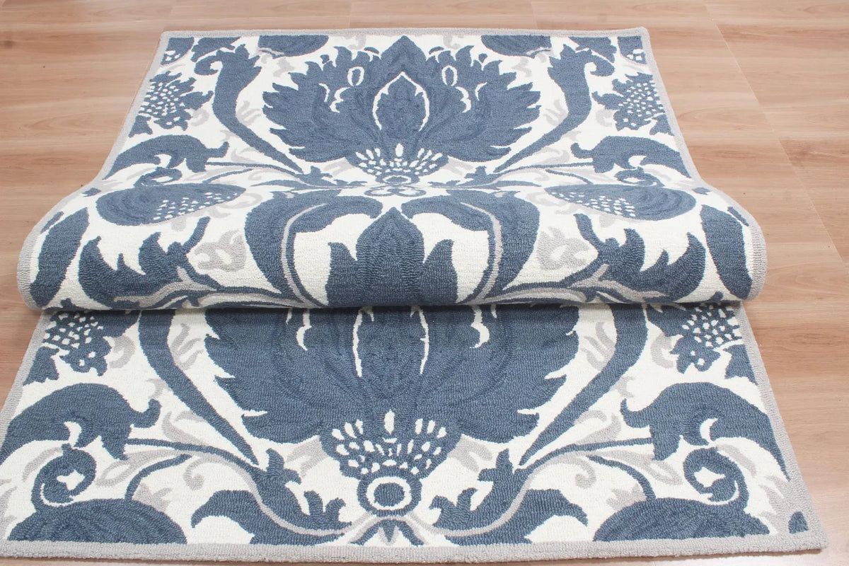 Blue Hand Tufted Wool Area Rug – Modern Botanical Floral Design in Indigo Blue and Ivory, Custom Size High Traffic Living Room Rug