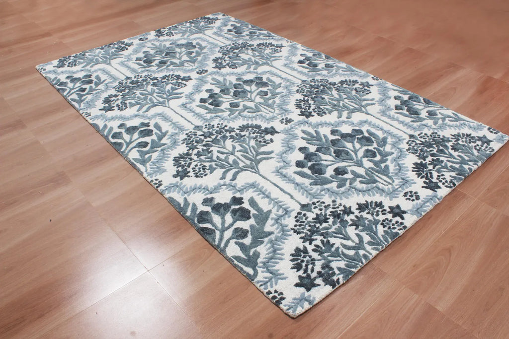 Hand-Tufted Botanical Floral Wool Area Rug | Custom Size High-Traffic Floor Covering, Blue white floral carpet