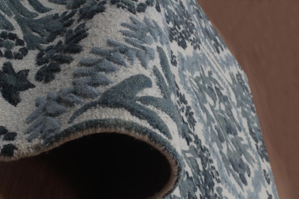 Hand-Tufted Botanical Floral Wool Area Rug | Custom Size High-Traffic Floor Covering, Blue white floral carpet