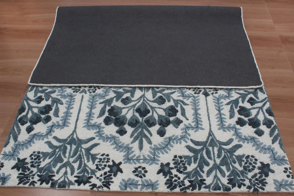Hand-Tufted Botanical Floral Wool Area Rug | Custom Size High-Traffic Floor Covering, Blue white floral carpet