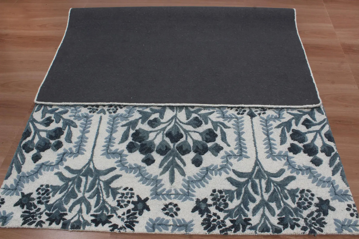 Hand-Tufted Botanical Floral Wool Area Rug | Custom Size High-Traffic Floor Covering, Blue white floral carpet