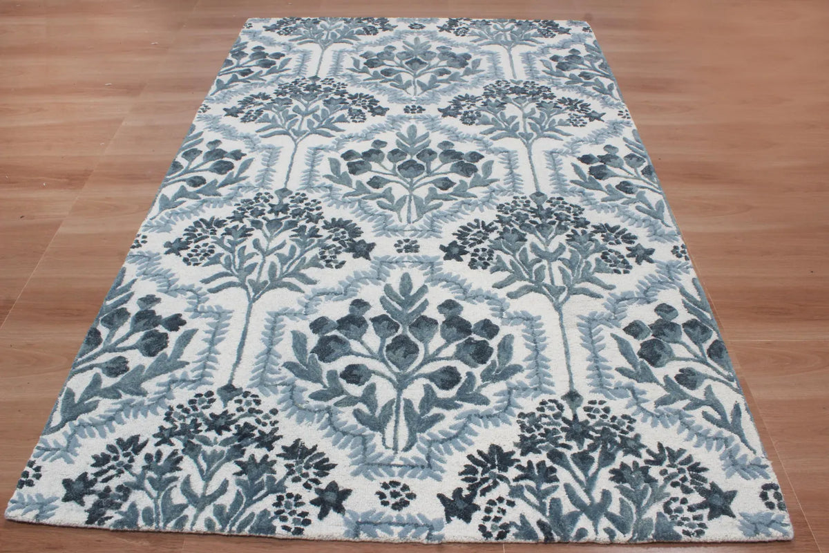 Hand-Tufted Botanical Floral Wool Area Rug | Custom Size High-Traffic Floor Covering, Blue white floral carpet