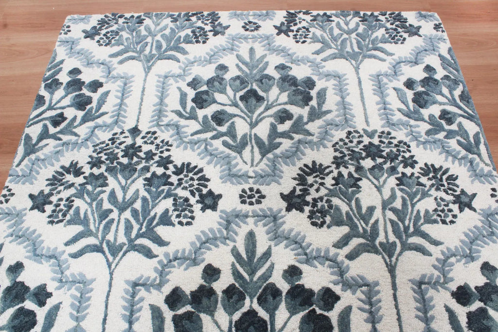 Hand-Tufted Botanical Floral Wool Area Rug | Custom Size High-Traffic Floor Covering, Blue white floral carpet
