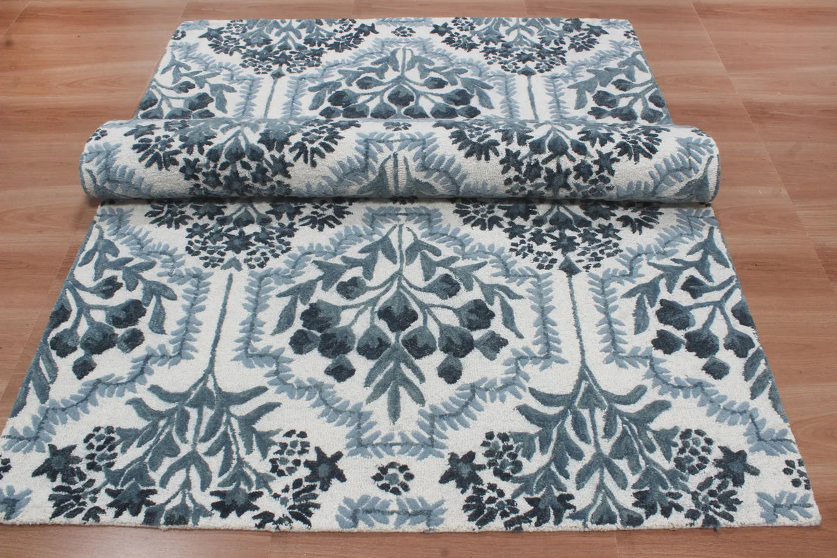 Hand-Tufted Botanical Floral Wool Area Rug | Custom Size High-Traffic Floor Covering, Blue white floral carpet
