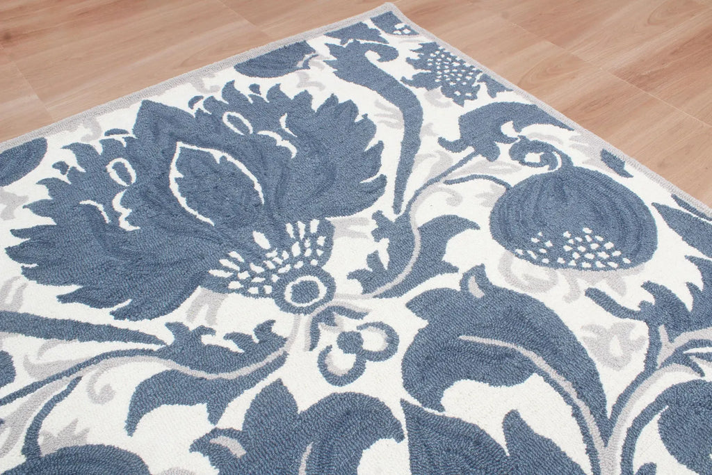 Blue Hand Tufted Wool Area Rug – Modern Botanical Floral Design in Indigo Blue and Ivory, Custom Size High Traffic Living Room Rug