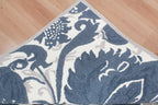 Blue Hand Tufted Wool Area Rug – Modern Botanical Floral Design in Indigo Blue and Ivory, Custom Size High Traffic Living Room Rug