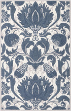 Blue Hand Tufted Wool Area Rug – Modern Botanical Floral Design in Indigo Blue and Ivory, Custom Size High Traffic Living Room Rug