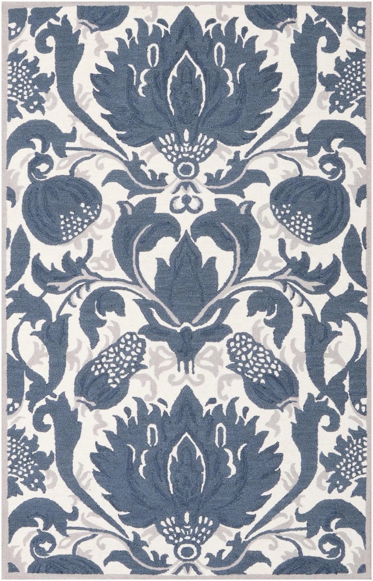 Blue Hand Tufted Wool Area Rug – Modern Botanical Floral Design in Indigo Blue and Ivory, Custom Size High Traffic Living Room Rug