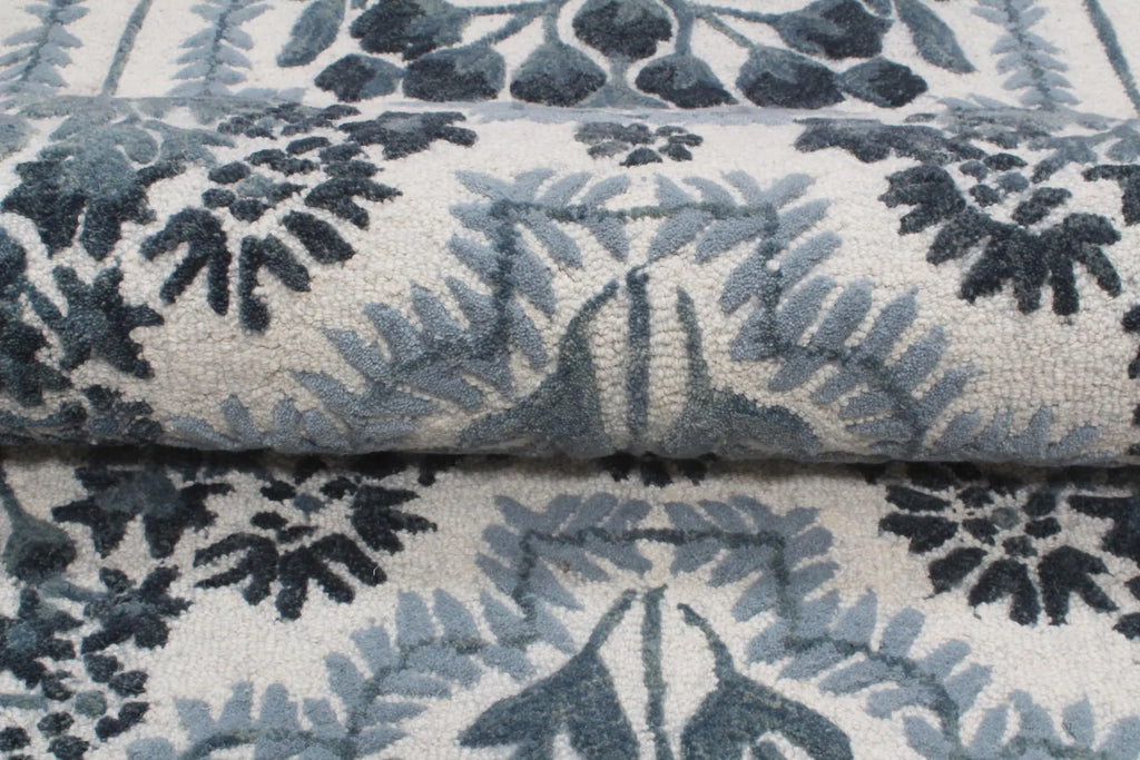 Hand-Tufted Botanical Floral Wool Area Rug | Custom Size High-Traffic Floor Covering, Blue white floral carpet
