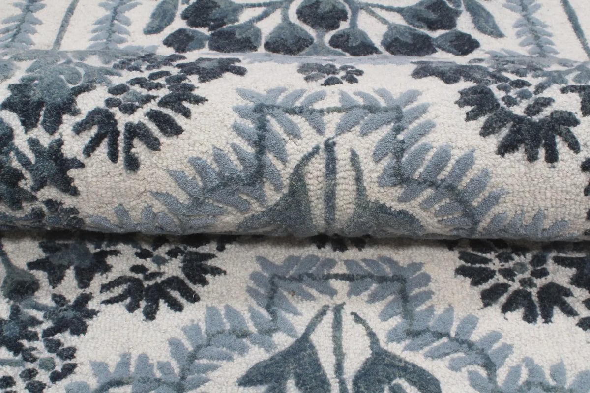 Hand-Tufted Botanical Floral Wool Area Rug | Custom Size High-Traffic Floor Covering, Blue white floral carpet