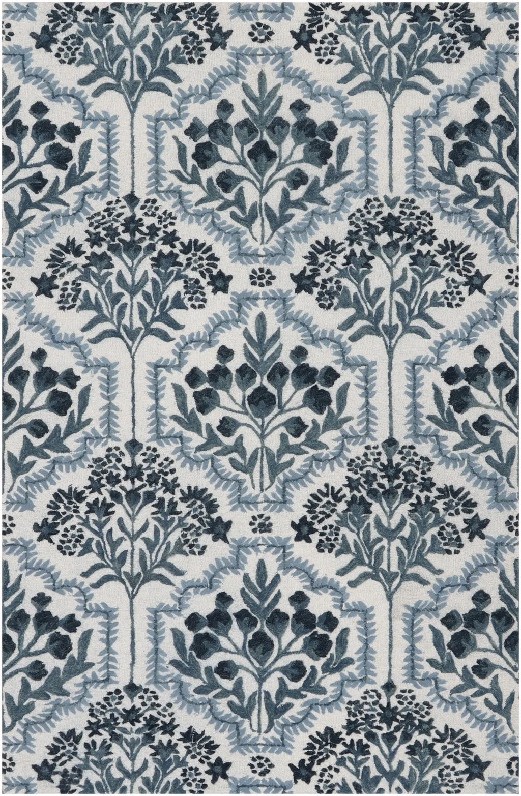 Hand-Tufted Botanical Floral Wool Area Rug | Custom Size High-Traffic Floor Covering, Blue white floral carpet