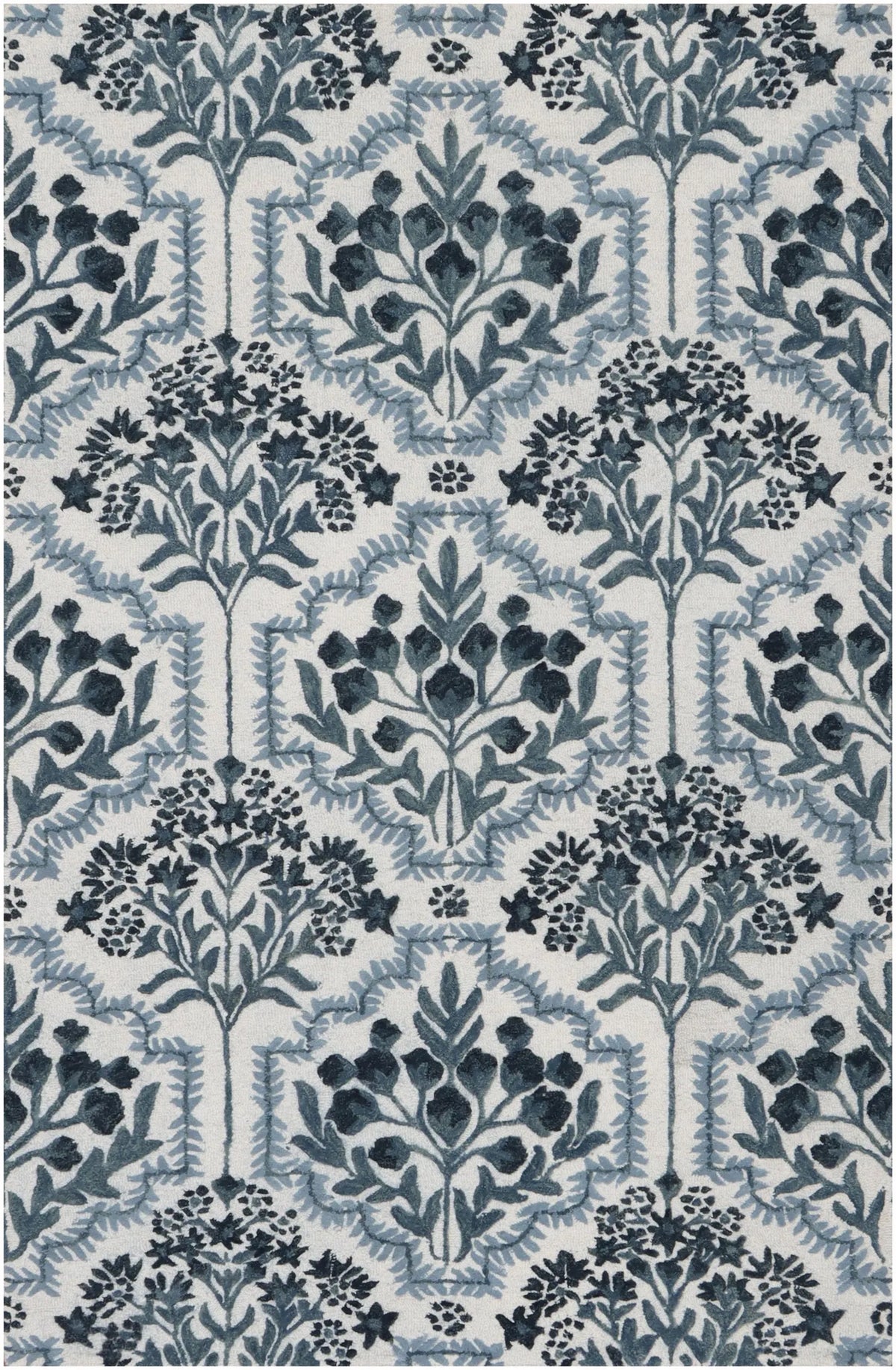 Hand-Tufted Botanical Floral Wool Area Rug | Custom Size High-Traffic Floor Covering, Blue white floral carpet