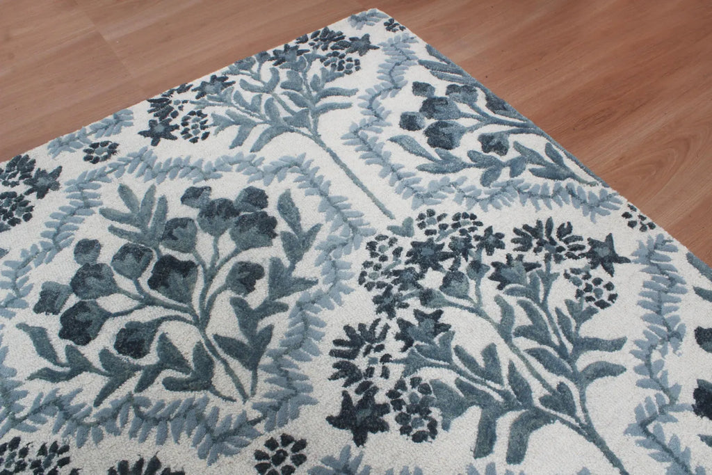 Hand-Tufted Botanical Floral Wool Area Rug | Custom Size High-Traffic Floor Covering, Blue white floral carpet
