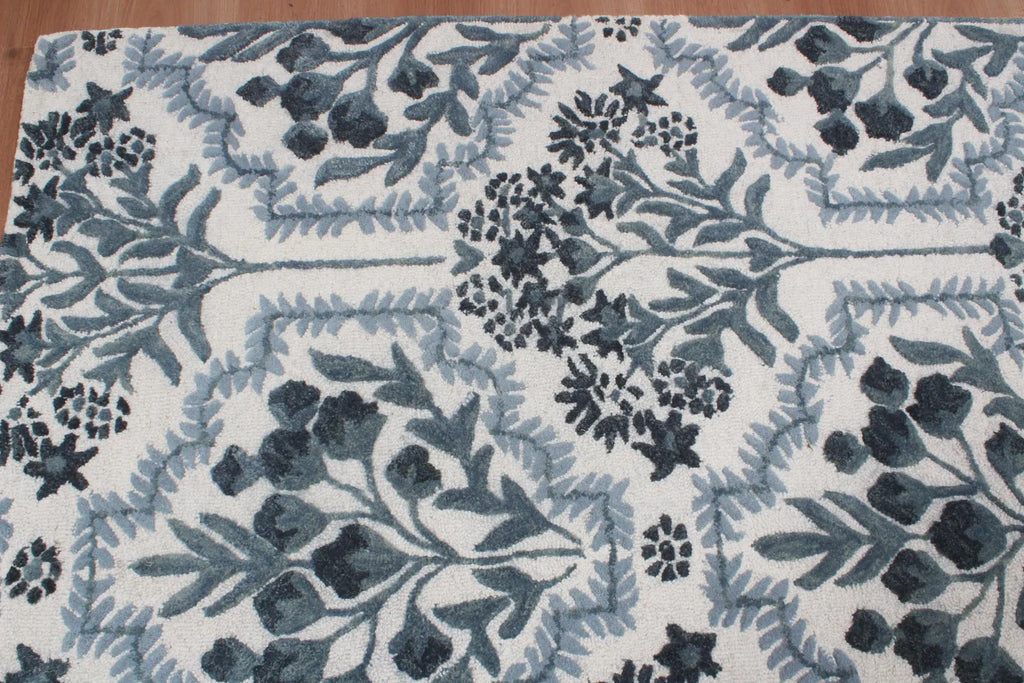 Hand-Tufted Botanical Floral Wool Area Rug | Custom Size High-Traffic Floor Covering, Blue white floral carpet