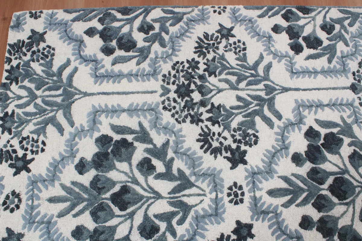 Hand-Tufted Botanical Floral Wool Area Rug | Custom Size High-Traffic Floor Covering, Blue white floral carpet