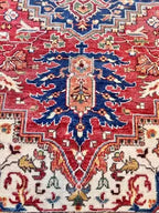 8x10 Hand Knotted Heriz/Serapi Wool Rug, 9x12 Red & Navy Traditional Persian Heriz Area Rug, Oriental Carpet for Living Room, Vintage  Rug