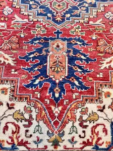 8x10 Hand Knotted Heriz/Serapi Wool Rug, 9x12 Red & Navy Traditional Persian Heriz Area Rug, Oriental Carpet for Living Room, Vintage  Rug