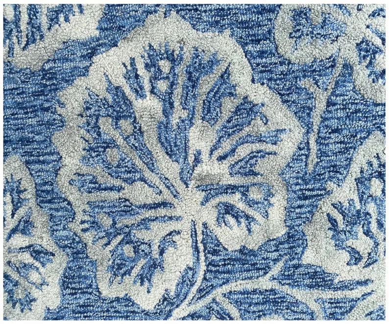 5X8 Hand Tufted Denim Blue Wool Rug, Floral Damask Design