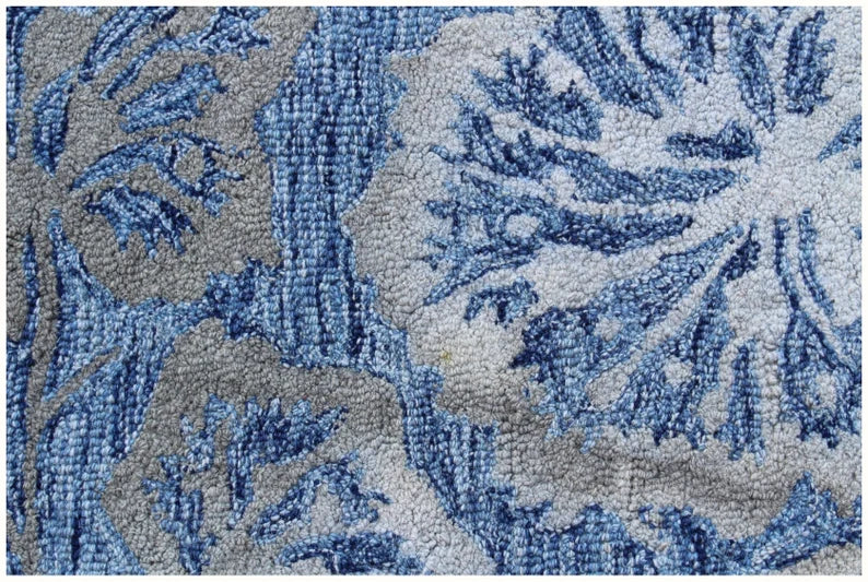 5X8 Hand Tufted Denim Blue Wool Rug, Floral Damask Design