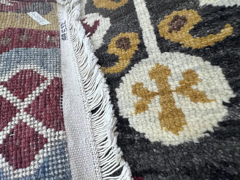 Hand-Knotted Wool Ikat Rug – 6x9 Modern Tribal Area Rug (Charcoal, Burgundy & Gold)