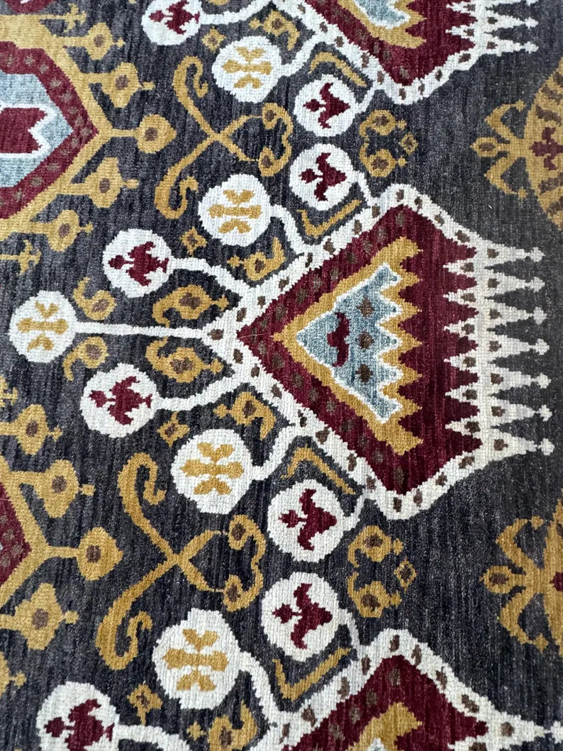 Hand-Knotted Wool Ikat Rug – 6x9 Modern Tribal Area Rug (Charcoal, Burgundy & Gold)