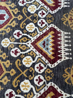 Hand-Knotted Wool Ikat Rug – 6x9 Modern Tribal Area Rug (Charcoal, Burgundy & Gold)
