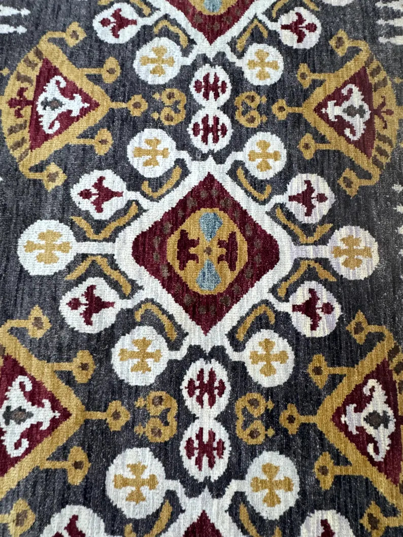 Hand-Knotted Wool Ikat Rug – 6x9 Modern Tribal Area Rug (Charcoal, Burgundy & Gold)