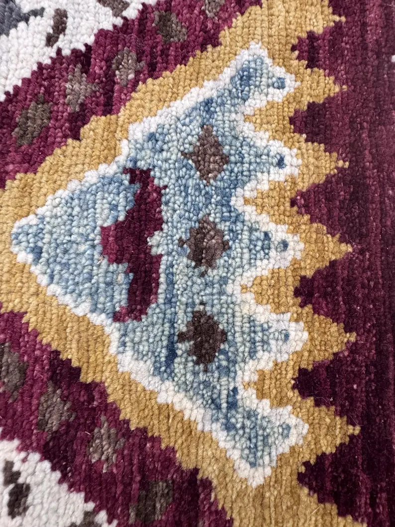 Hand-Knotted Wool Ikat Rug – 6x9 Modern Tribal Area Rug (Charcoal, Burgundy & Gold)