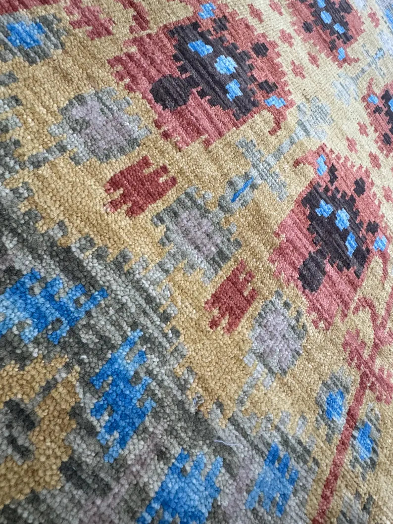 6x9 Hand-Knotted Wool Ikat Rug – Modern Oushak Style Medallion Area Rug