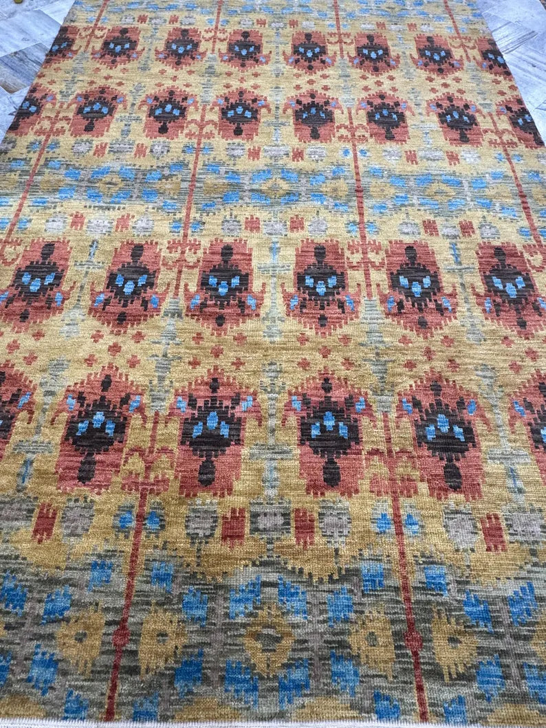 6x9 Hand-Knotted Wool Ikat Rug – Modern Oushak Style Medallion Area Rug