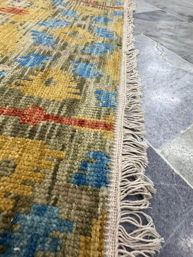 6x9 Hand-Knotted Wool Ikat Rug – Modern Oushak Style Medallion Area Rug