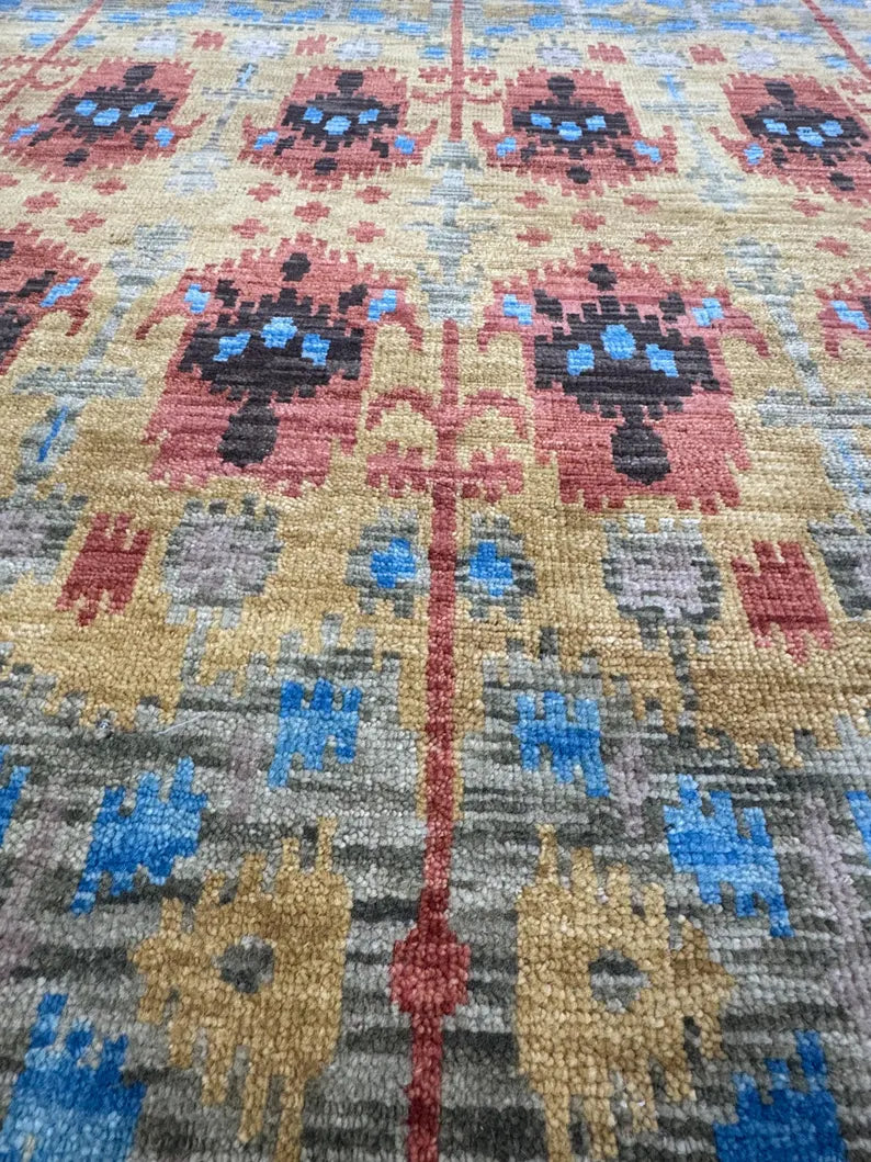6x9 Hand-Knotted Wool Ikat Rug – Modern Oushak Style Medallion Area Rug