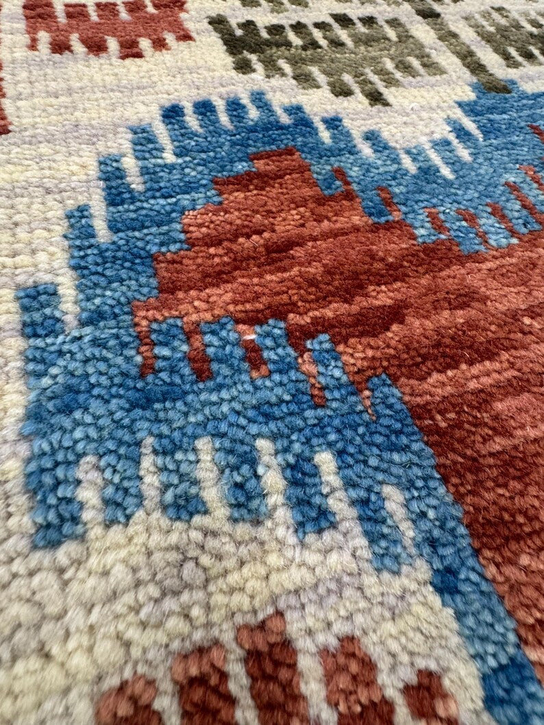5X8 Vintage-Inspired Hand-Knotted Wool Ikat Rug | Earthy Terracotta & Mustard