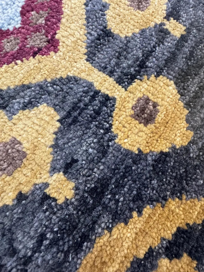 Hand-Knotted Wool Ikat Rug – 6x9 Modern Tribal Area Rug (Charcoal, Burgundy & Gold)
