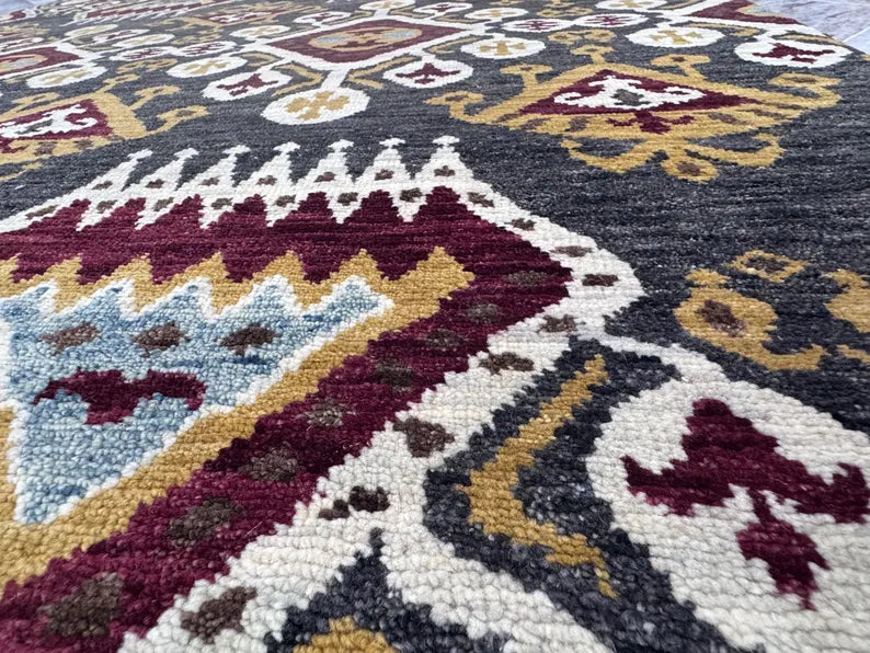 Hand-Knotted Wool Ikat Rug – 6x9 Modern Tribal Area Rug (Charcoal, Burgundy & Gold)