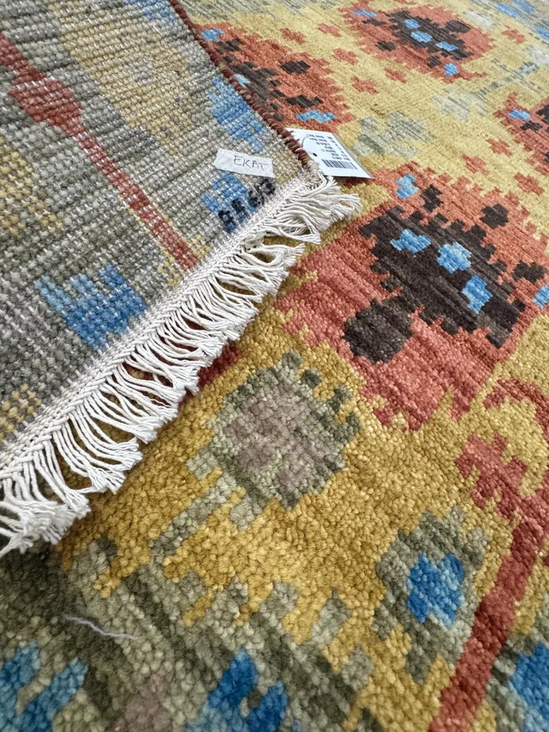6x9 Hand-Knotted Wool Ikat Rug – Modern Oushak Style Medallion Area Rug