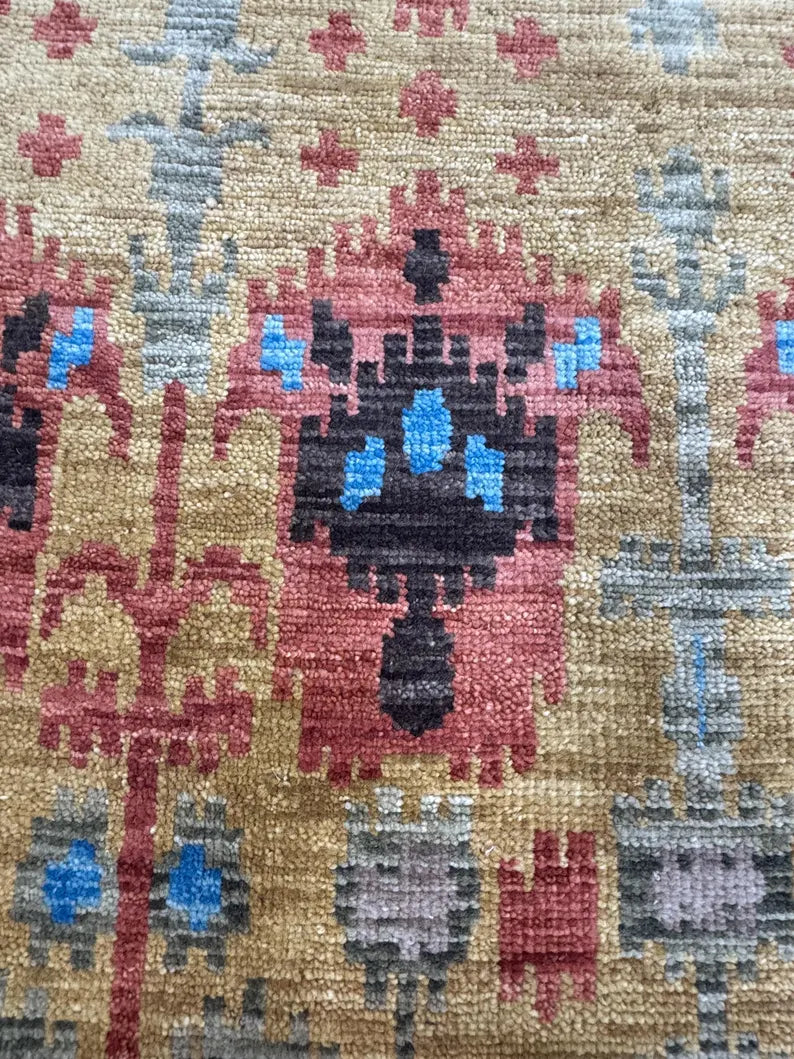 6x9 Hand-Knotted Wool Ikat Rug – Modern Oushak Style Medallion Area Rug
