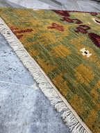 6X9 Hand-Knotted Wool Ikat Rug – Sage, Burgundy & Gold