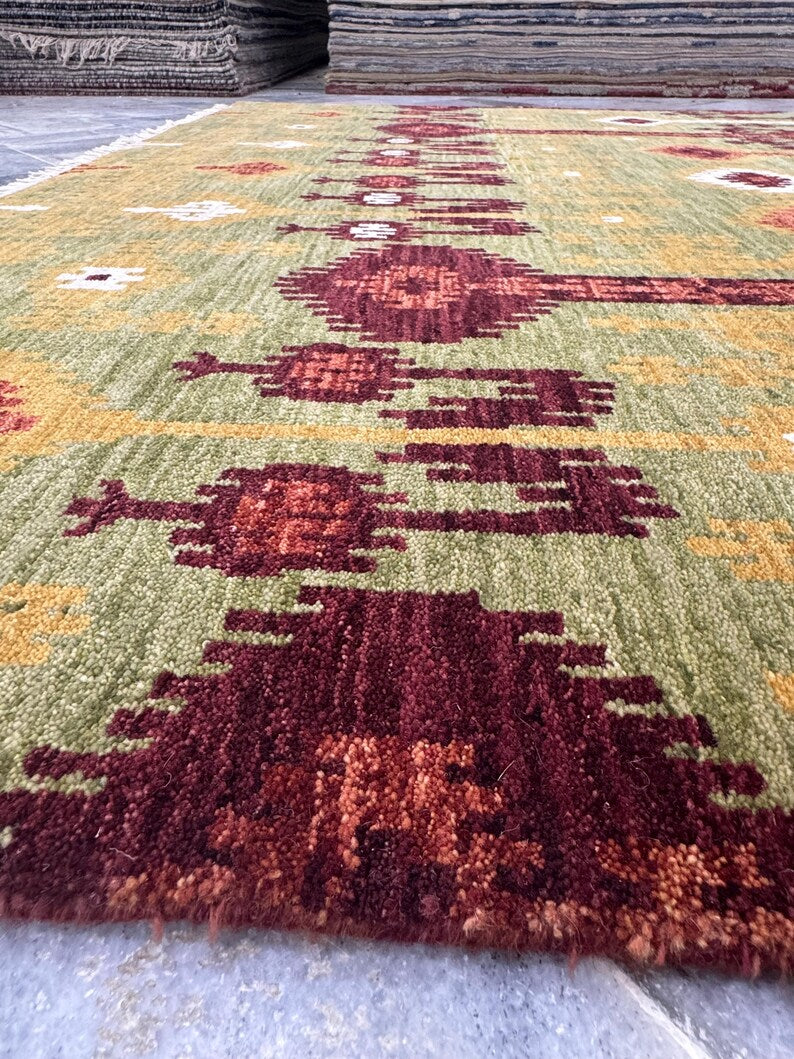6X9 Hand-Knotted Wool Ikat Rug – Sage, Burgundy & Gold