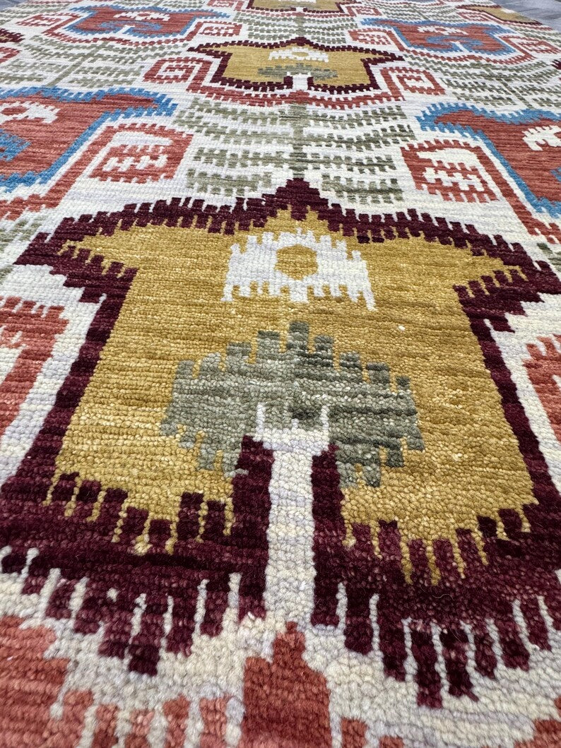 5X8 Vintage-Inspired Hand-Knotted Wool Ikat Rug | Earthy Terracotta & Mustard