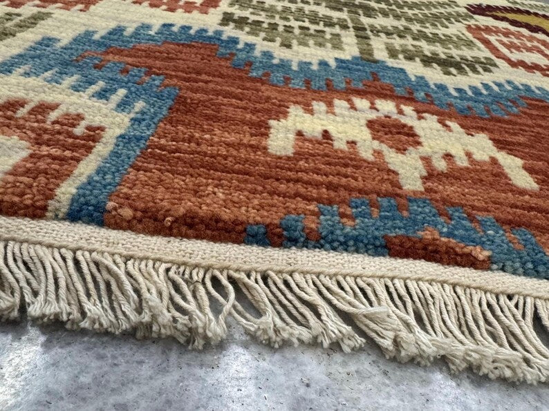 5X8 Vintage-Inspired Hand-Knotted Wool Ikat Rug | Earthy Terracotta & Mustard