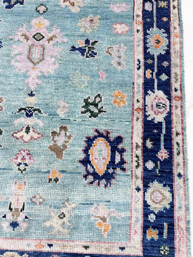 Hand Knotted Turquoise & Navy Blue Oushak Wool Rug