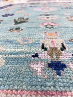 Hand Knotted Turquoise & Navy Blue Oushak Wool Rug